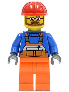 LEGO Minifigure-Overalls with Safety Stripe Orange, Orange Legs, Red Construction Helmet, Beard and Glasses-Town / City-CTY096-Creative Brick Builders